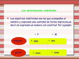 Los determinantes indefinidos


   Los adjetivos indefinidos son los que acompañan al
    nombre y expresan una cantidad de forma imprecisa,es
    decir,no expresan un numero con exatitud .Por ejemplo:


                                     ●
                                         F       ●
                                                     M

    ●
            singular         ●
                                 uno         ●
                                                 una



        ●
             plural              ●
                                     unos
                                                 ●
                                                     unas
 