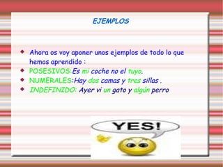 EJEMPLOS



   Ahora os voy aponer unos ejemplos de todo lo que
    hemos aprendido :
   POSESIVOS:Es mi coche no el tuyo.
   NUMERALES:Hay dos camas y tres sillas .
   INDEFINIDO: Ayer vi un gato y algún perro
 