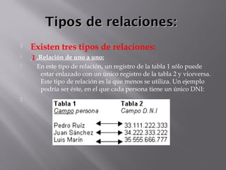 Tipos de relaciones:Tipos de relaciones:
 Existen tres tipos de relaciones:
 1 .Relación de uno a uno:
     En este tipo de relación, un registro de la tabla 1 sólo puede
estar enlazado con un único registro de la tabla 2 y viceversa.
Este tipo de relación es la que menos se utiliza. Un ejemplo
podría ser éste, en el que cada persona tiene un único DNI:

 
