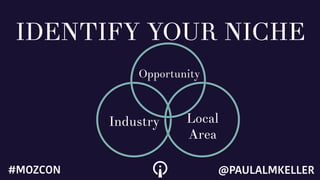 IDENTIFY YOUR NICHE
Industry Local
Area
Opportunity
@PAULALMKELLER#MOZCON
 