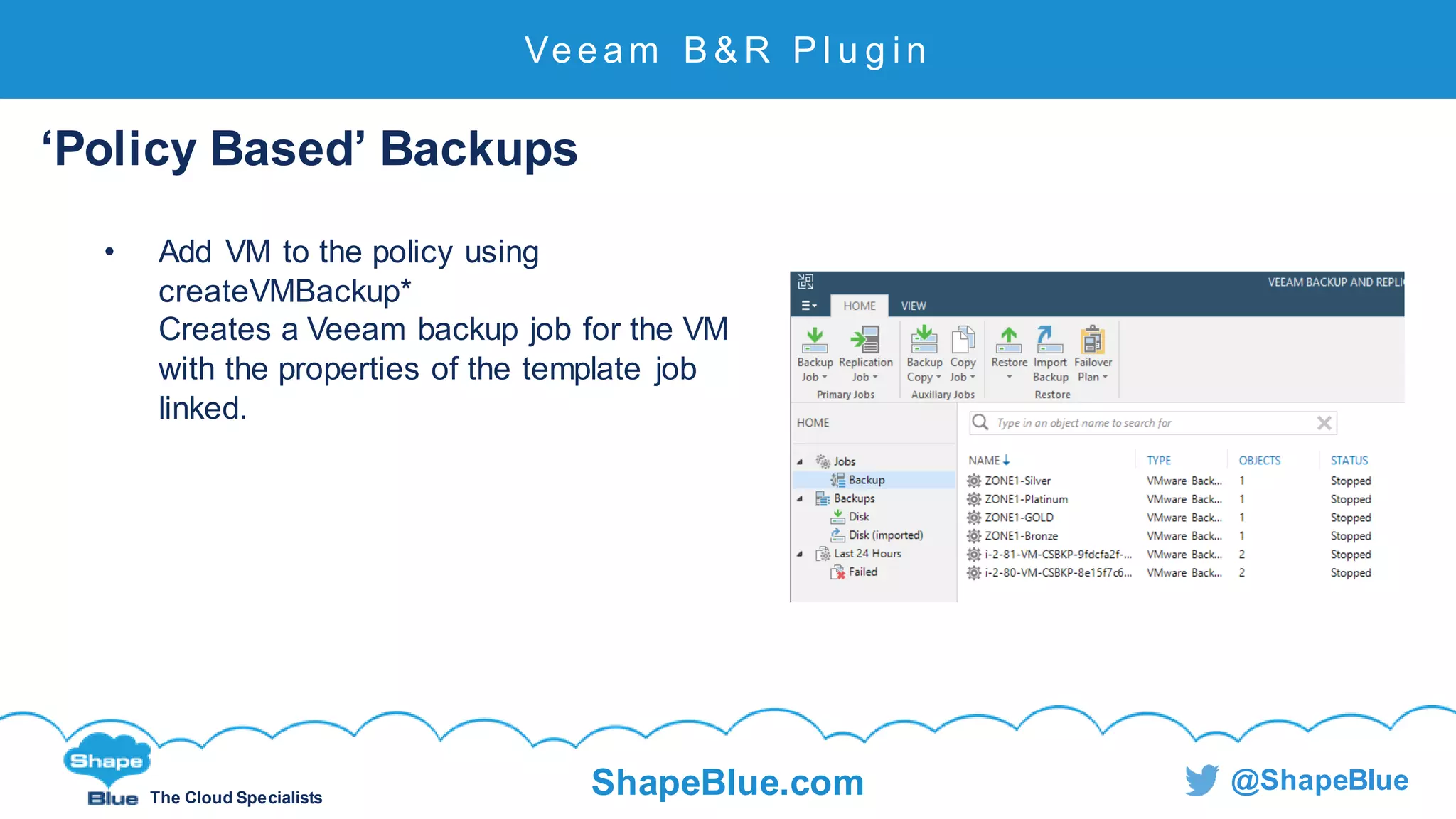 C l i c k t o e d i t
The Cloud Specialists
ShapeBlue.com @ShapeBlue
Veeam B & R P l u g i n
‘Policy Based’ Backups
• Add VM to the policy using
createVMBackup*
Creates a Veeam backup job for the VM
with the properties of the template job
linked.
 