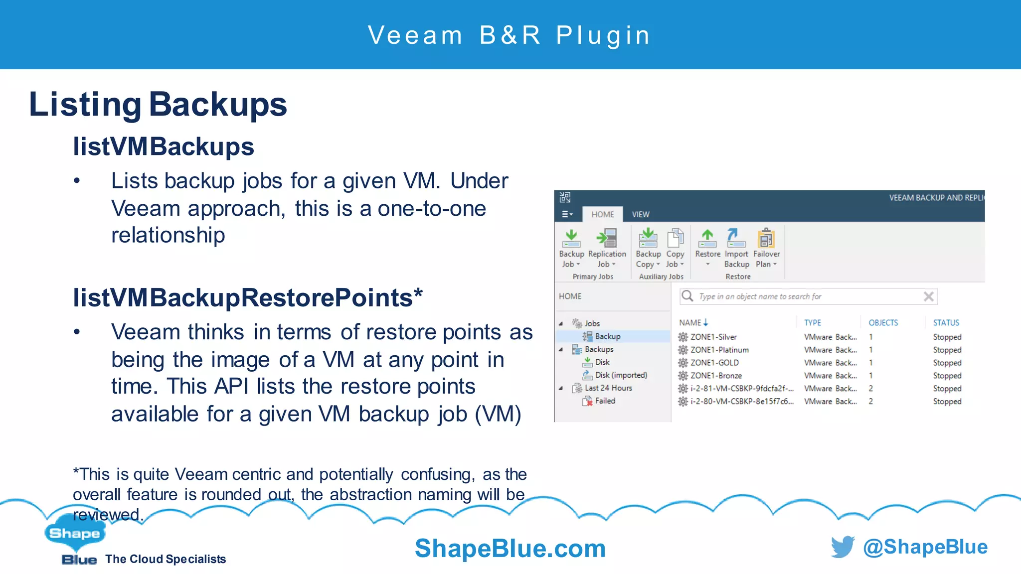 C l i c k t o e d i t
The Cloud Specialists
ShapeBlue.com @ShapeBlue
Veeam B & R P l u g i n
Listing Backups
listVMBackups
• Lists backup jobs for a given VM. Under
Veeam approach, this is a one-to-one
relationship
listVMBackupRestorePoints*
• Veeam thinks in terms of restore points as
being the image of a VM at any point in
time. This API lists the restore points
available for a given VM backup job (VM)
*This is quite Veeam centric and potentially confusing, as the
overall feature is rounded out, the abstraction naming will be
reviewed.
 