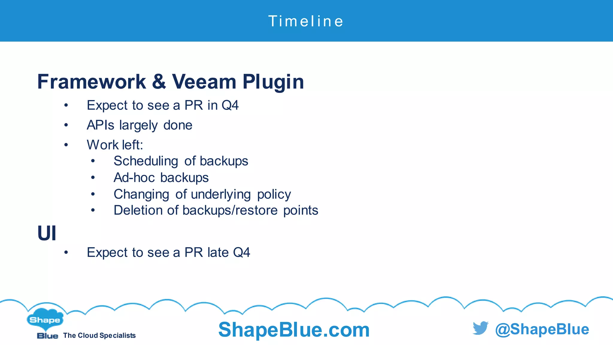 C l i c k t o e d i t
The Cloud Specialists ShapeBlue.com @ShapeBlue
Framework & Veeam Plugin
• Expect to see a PR in Q4
• APIs largely done
• Work left:
• Scheduling of backups
• Ad-hoc backups
• Changing of underlying policy
• Deletion of backups/restore points
UI
• Expect to see a PR late Q4
Ti m e l i n e
 