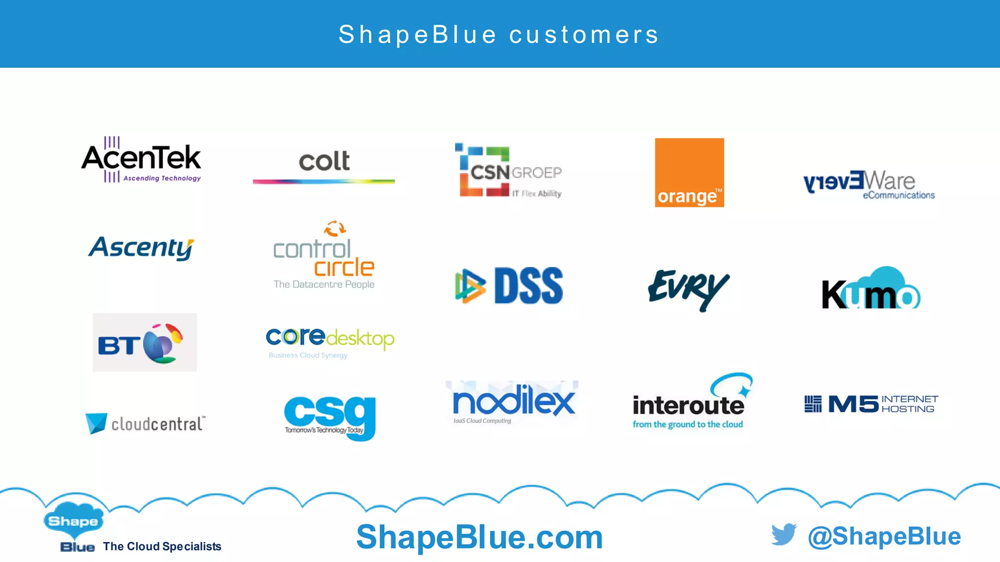 C l i c k t o e d i t
The Cloud Specialists ShapeBlue.com @ShapeBlue
S h a p e B l u e c u s t o m e r s
 