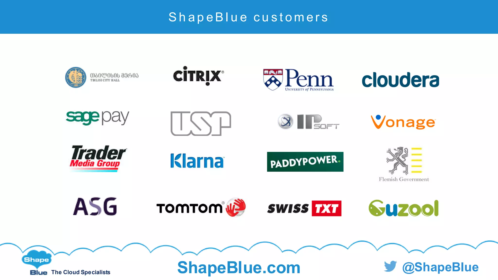 C l i c k t o e d i t
The Cloud Specialists ShapeBlue.com @ShapeBlue
S h a p e B l u e c u s t o m e r s
 