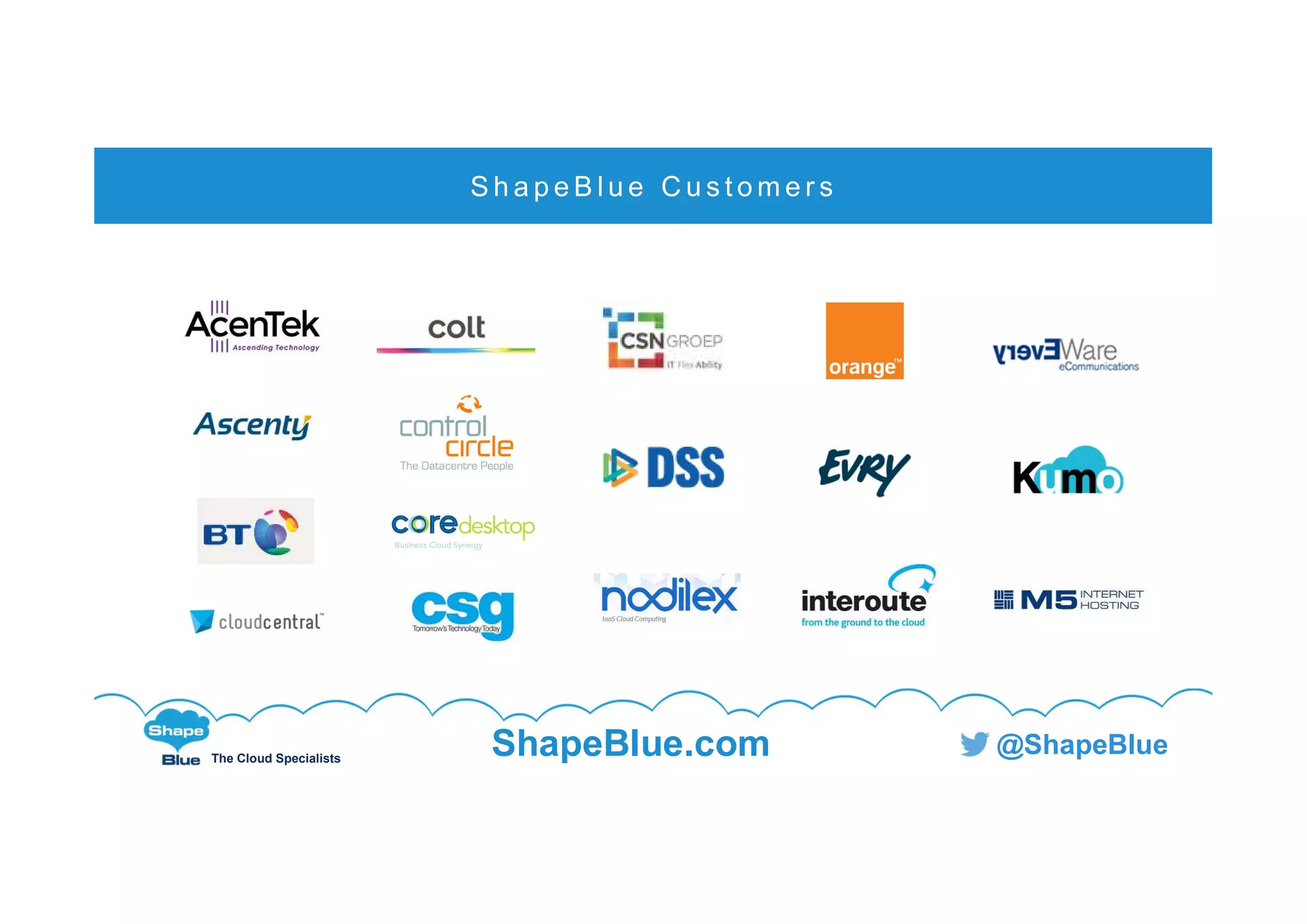 C l i c k t o e d i t
The Cloud Specialists
ShapeBlue.com @ShapeBlue
S h a p e B l u e C u s t o m e r s
 