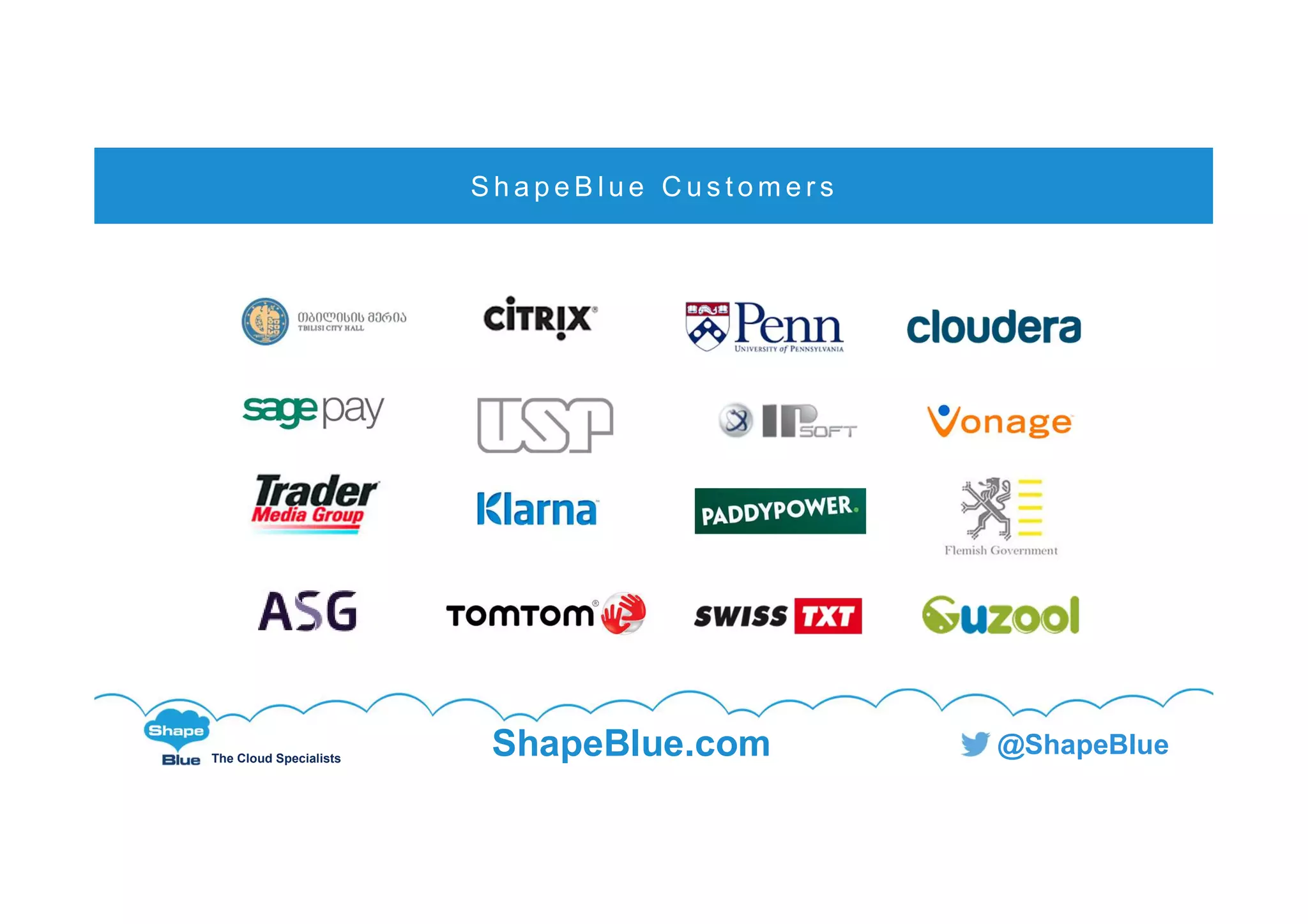 C l i c k t o e d i t
The Cloud Specialists
ShapeBlue.com @ShapeBlue
S h a p e B l u e C u s t o m e r s
 