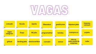 VAGAS
VAGAS
Linkedin
vagas
telegram
Revelo
Gupy
Apinfo
99 jobs
Glassdoor
programathor
geekhunter
kenoby
hipsters.jobs
trampos.co
impulso.
network
pyjobs
github landing.jobs stackoverflow connekt ewave
site ou
rede social da
empresa
nube
 
