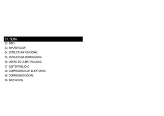 01. TEMA
02. SITIO
03. IMPLANTACION
04. ESTRUCTURA FUNCIONAL
05. ESTRUCTURA MORFOLÓGICA
06. DISEÑO DE LA MATERIALIDAD
07. ...