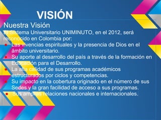 VISIÓN
Nuestra Visión
El Sistema Universitario UNIMINUTO, en el 2012, será
reconocido en Colombia por:
● Las vivencias espirituales y la presencia de Dios en el
    ámbito universitario.
● Su aporte al desarrollo del país a través de la formación en
    Educación para el Desarrollo.
● La alta calidad de sus programas académicos
    estructurados por ciclos y competencias.
● Su impacto en la cobertura originado en el número de sus
    Sedes y la gran facilidad de acceso a sus programas.
 ● Sus amplias relaciones nacionales e internacionales.
 