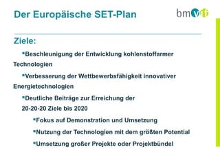 Der Europäische SET-Plan

Ziele:
  Beschleunigung der Entwicklung kohlenstoffarmer
Technologien
  Verbesserung der Wettbewerbsfähigkeit innovativer
Energietechnologien
  Deutliche Beiträge zur Erreichung der
  20-20-20 Ziele bis 2020
      Fokus auf Demonstration und Umsetzung
      Nutzung der Technologien mit dem größten Potential
      Umsetzung großer Projekte oder Projektbündel
 
