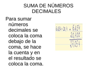 SUMA DE NÚMEROS
DECIMALES
Para sumar
números
decimales se
coloca la coma
debajo de la
coma, se hace
la cuenta y en
el resultado se
coloca la coma.
 