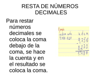 RESTA DE NÚMEROS
DECIMALES
Para restar
números
decimales se
coloca la coma
debajo de la
coma, se hace
la cuenta y en
el resultado se
coloca la coma.
 