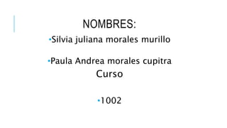 NOMBRES:
•Silvia juliana morales murillo
•Paula Andrea morales cupitra
Curso
•1002
 