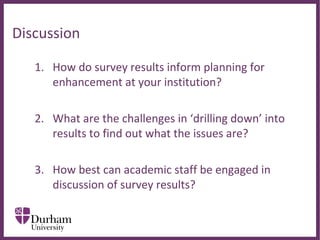 ∂
Discussion
1. How do survey results inform planning for
enhancement at your institution?
2. What are the challenges in ‘drilling down’ into
results to find out what the issues are?
3. How best can academic staff be engaged in
discussion of survey results?
 