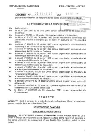 Paul biya - cameroun - décret n° 2014049 du 03 février 2014 portant nomination de responsables dans les universités d’etat