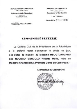 Paul Biya - Cameroun - Décès de la mère de Madame Chantal BIYA, Première Dame du Cameroun
