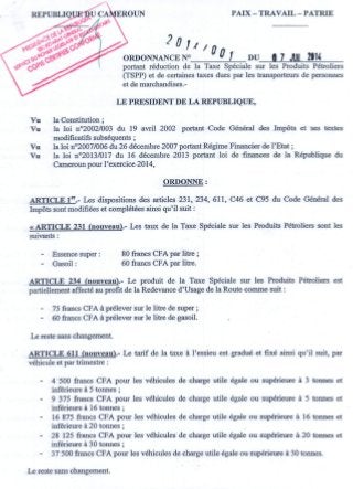 Paul Biya - Cameroun - Ordonnance n° 2014 001 du 07 juillet 2014 portant réduction de la Taxe Spéciale sur les Produits Pétroliers (TSPP) et de certaines taxes dues par les transporteurs de personnes et de marchandises.