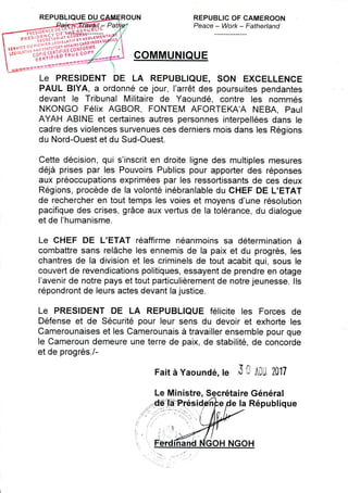 Paul Biya - Président du Cameroun - Violences dans le nord-ouest et le sud-ouest  le chef de l’Etat ordonne l’arrêt des poursuites judiciaires