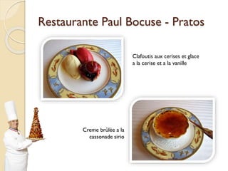 Restaurante Paul Bocuse - Pratos
Clafoutis aux cerises et glace
a la cerise et a la vanille
Creme brûlée a la
cassonade sirio
 