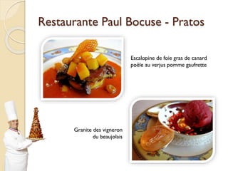 Restaurante Paul Bocuse - Pratos
Granite des vigneron
du beaujolais
Escalopine de foie gras de canard
poêle au verjus pomme gaufrette
 