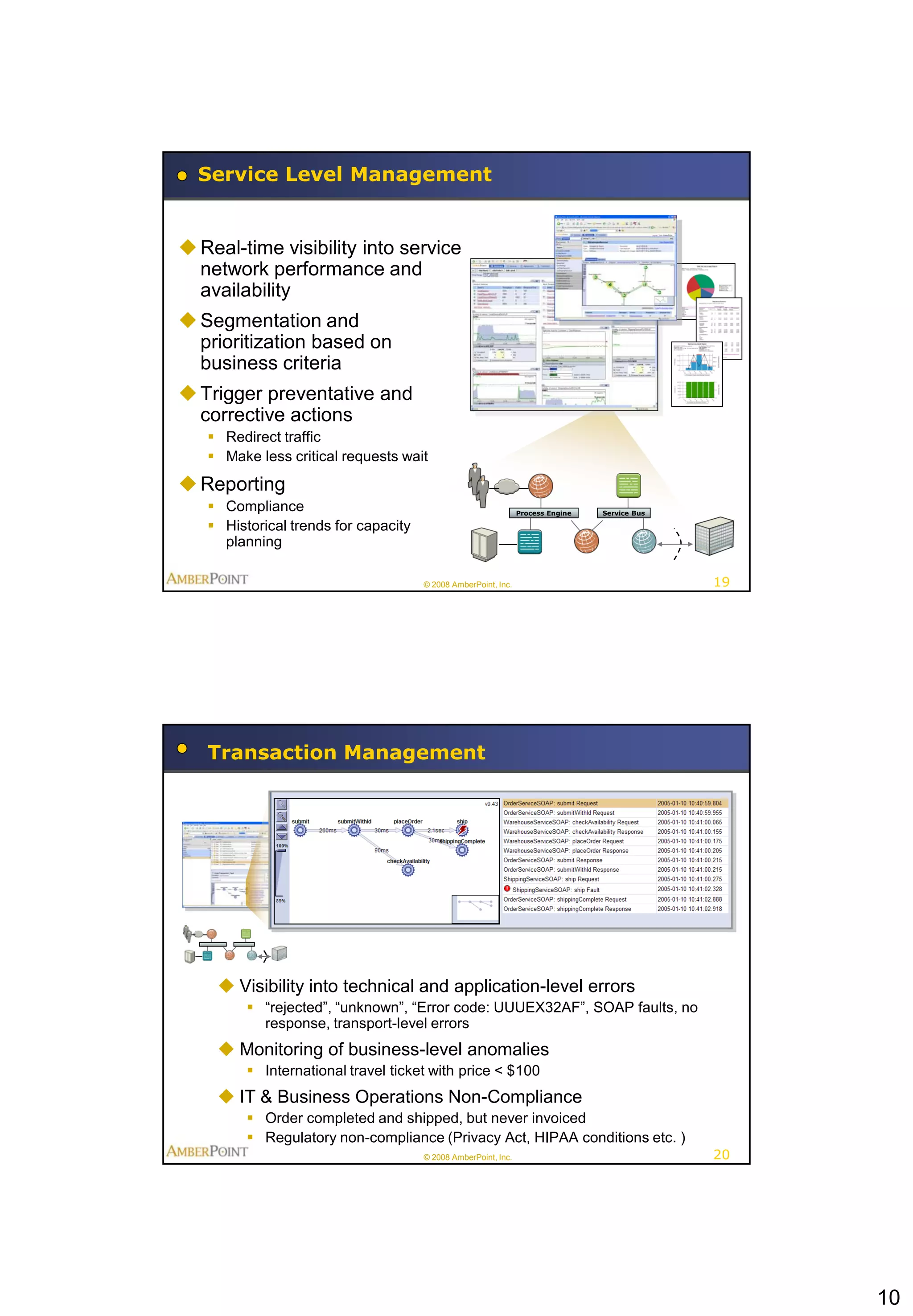 Service Level Management


 Real-time visibility into service
  network performance and
  availability
 Segmentation and
  prioritization based on
  business criteria
 Trigger preventative and
  corrective actions
    Redirect traffic
    Make less critical requests wait

 Reporting
    Compliance                                                 Process Engine   Service Bus

    Historical trends for capacity
     planning

                                      © 2008 AmberPoint, Inc.                                  19




   Transaction Management




     Visibility into technical and application-level errors
          “rejected”, “unknown”, “Error code: UUUEX32AF”, SOAP faults, no
           response, transport-level errors
     Monitoring of business-level anomalies
          International travel ticket with price < $100
     IT & Business Operations Non-Compliance
          Order completed and shipped, but never invoiced
          Regulatory non-compliance (Privacy Act, HIPAA conditions etc. )
                                      © 2008 AmberPoint, Inc.                                  20




                                                                                                    10
 