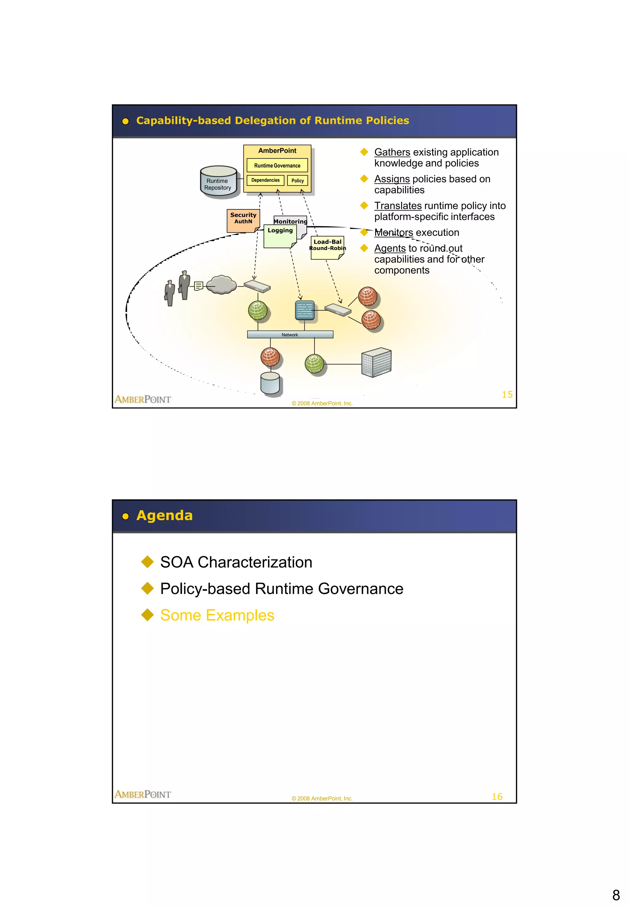 Capability-based Delegation of Runtime Policies

                                 AmberPoint                               Gathers existing application
                                Runtime Governance                         knowledge and policies
            Runtime         Dependencies       Policy                     Assigns policies based on
           Repository
                                                                           capabilities
                                                                          Translates runtime policy into
                    Security
                        AuthN          Monitoring
                                                                           platform-specific interfaces
                                     Logging
                                                                          Monitors execution
                                                         Load-Bal
                                                        Round-Robin       Agents to round out
                                                                           capabilities and for other
                                                                           components




                                           Network




                                                                                                          15
                                               © 2008 AmberPoint, Inc.




Agenda


 SOA Characterization
 Policy-based Runtime Governance
 Some Examples




                                               © 2008 AmberPoint, Inc.                                  16




                                                                                                               8
 