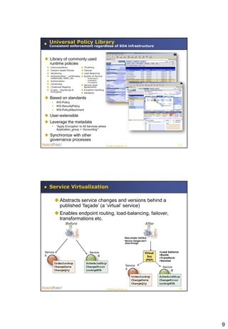 Universal Policy Library
     Consistent enforcement regardless of SOA infrastructure



 Library of commonly used
  runtime policies
    Instrumentation                     Throttling
    Content-based Policies              Failover
    Versioning                          Load Balancing
    Authentication – certificates,      Quality of Service
     credentials, SAML, etc                 Performance
                                            Availability
    Authorization
                                            Throughput
    Censorship                        Service Level
    Credential Mapping                 Agreements
    Crypto – Signatures &             Exception Handling
     Encryption                        Validation

 Based on standards
          WS-Policy
          WS-SecurityPolicy
          WS-PolicyAttachment

 User-extensible
 Leverage the metadata
          “Apply Encryption to All Services where
           Application_group = „Accounting‟”

 Synchronize with other
  governance processes
                                                               © 2008 AmberPoint, Inc.                                       17




     Service Virtualization

           Abstracts service changes and versions behind a
            published „façade‟ (a „virtual‟ service)
           Enables endpoint routing, load-balancing, failover,
            transformations etc.
                   Before                                                                              After


                                                                                 • Sees simpler interface
                                                                                 • Service changes don’t
                                                                                   show through.


Service                                        Service                                                 Virtual   •Load balance
A                                                    B                                                           •Route
                                                                                                         Svc     •Transform
                                                                                                        (PEP)    •Version
          OrderLookup                       ScheduleShip
          ChangeDate                        ChangePrior                            Service
                                                                                                                   Service
          ChangeQty                         LookupETA                              A
                                                                                                                         B

                                                                                         OrderLookup             ScheduleShip
                                                                                         ChangeDate              ChangePrior
                                                                                         ChangeQty               LookupETA

                                                               © 2008 AmberPoint, Inc.                                       18




                                                                                                                                  9
 