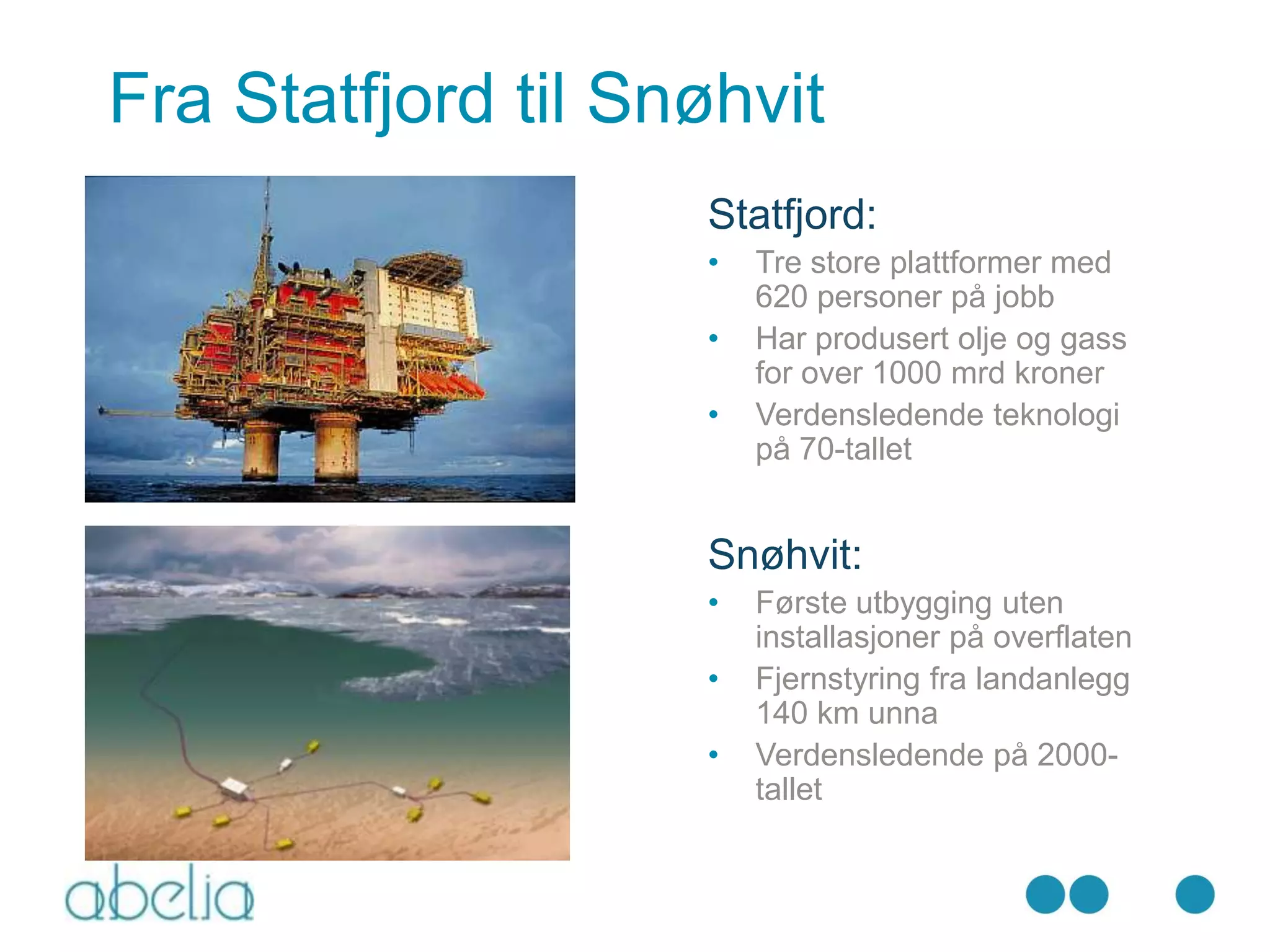 Fra Statfjord til Snøhvit
                    Statfjord:
                    •   Tre store plattformer med
                        620 personer på jobb
                    •   Har produsert olje og gass
                        for over 1000 mrd kroner
                    •   Verdensledende teknologi
                        på 70-tallet


                    Snøhvit:
                    •   Første utbygging uten
                        installasjoner på overflaten
                    •   Fjernstyring fra landanlegg
                        140 km unna
                    •   Verdensledende på 2000-
                        tallet
 