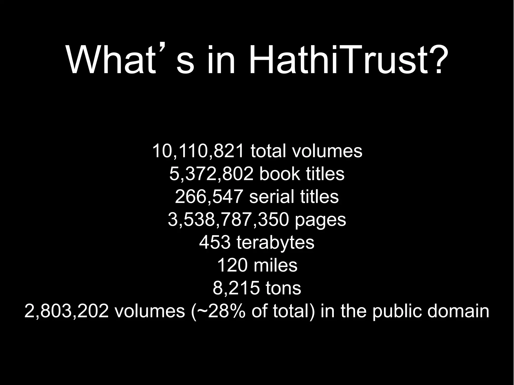 What s in HathiTrust?

              10,110,821 total volumes
                5,372,802 book titles
                 266,547 serial titles
                3,538,787,350 pages
                   453 terabytes
                     120 miles
                     8,215 tons
2,803,202 volumes (~28% of total) in the public domain
 