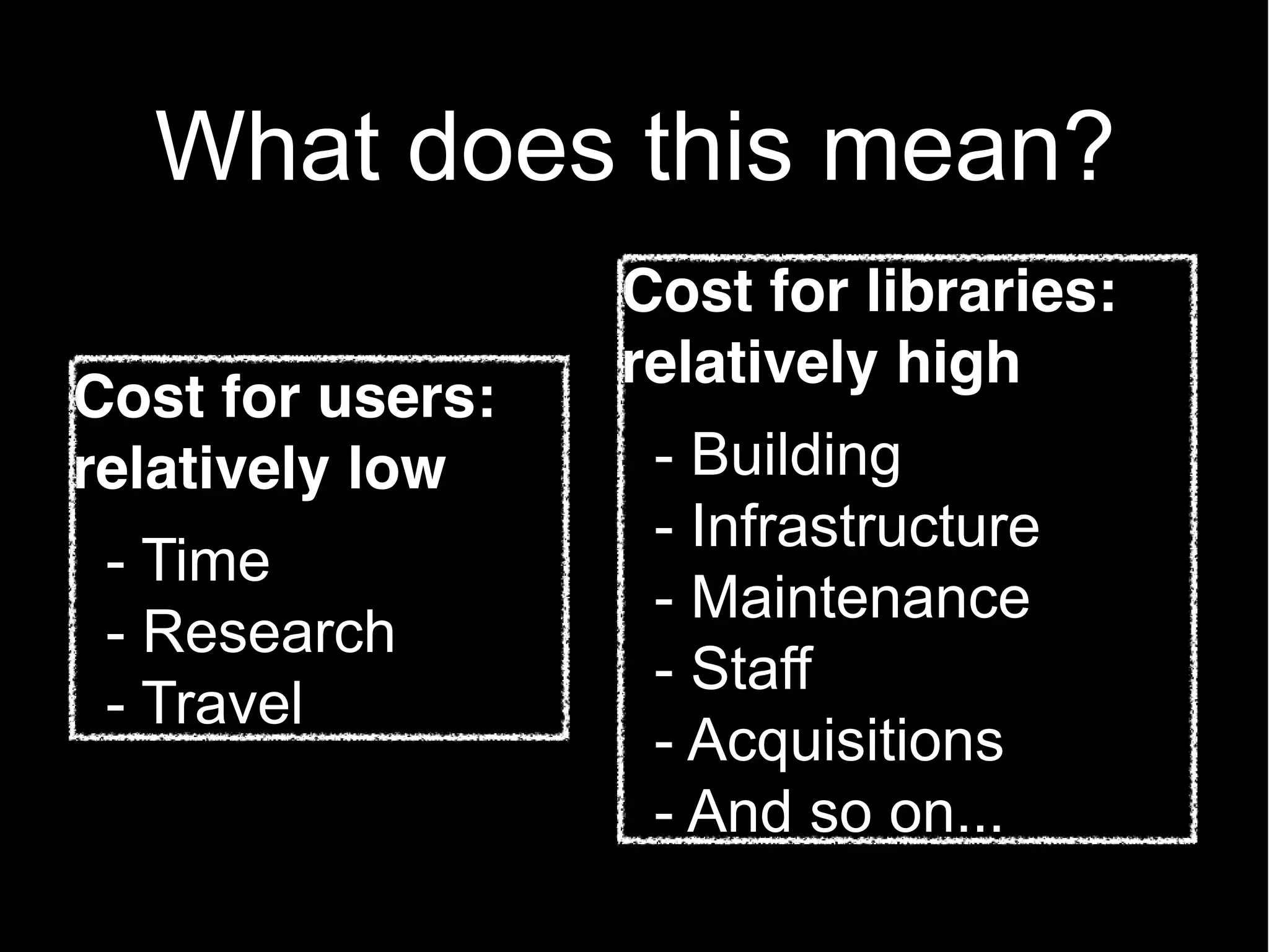 What does this mean?
                  Cost for libraries:
                  relatively high
Cost for users:
relatively low     - Building
                   - Infrastructure
 - Time
                   - Maintenance
 - Research
                   - Staff
 - Travel
                   - Acquisitions
                   - And so on...
 