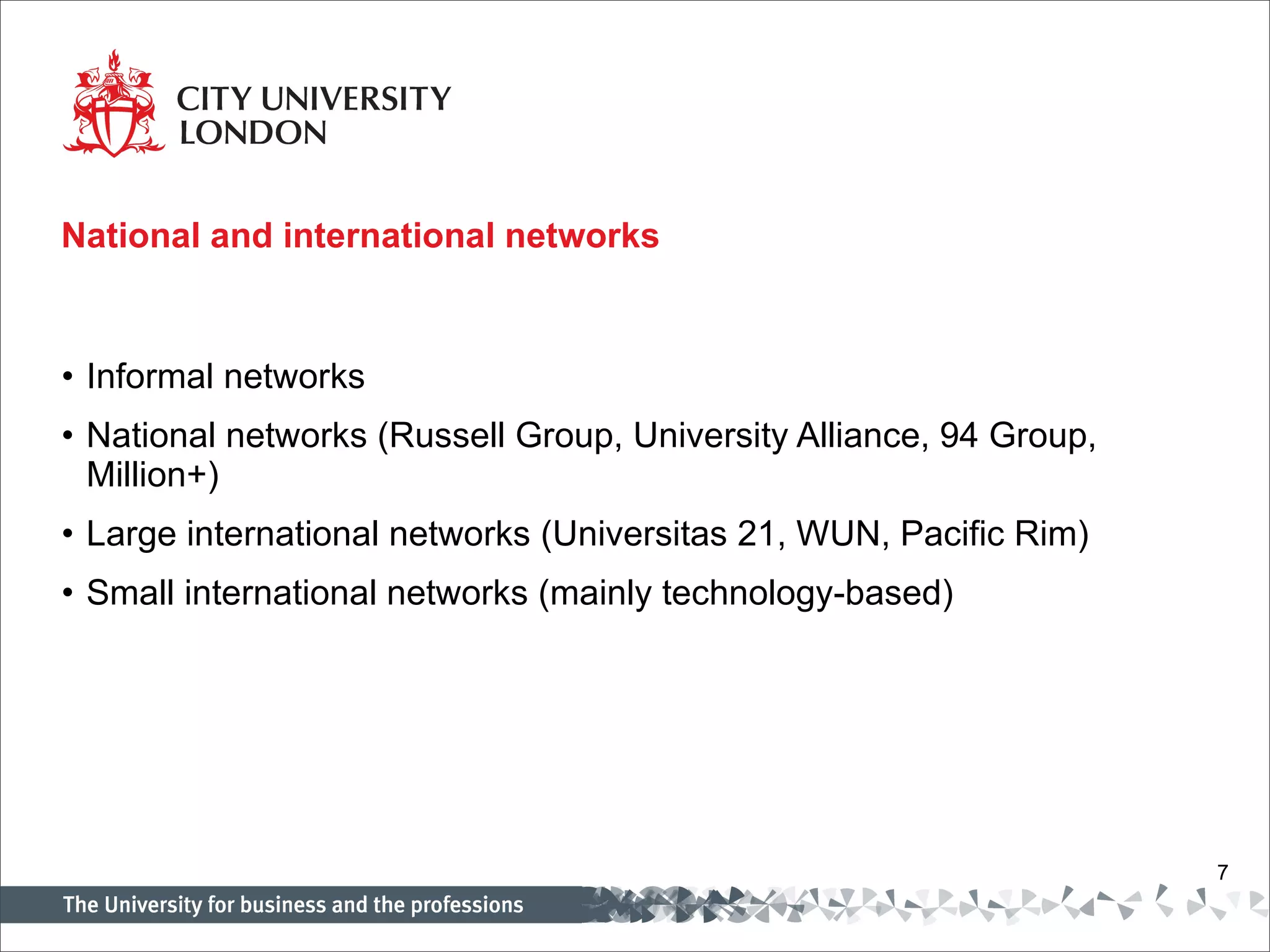National and international networks Informal networks National networks (Russell Group, University Alliance, 94 Group, Million+) Large international networks (Universitas 21, WUN, Pacific Rim) Small international networks (mainly technology-based) 
