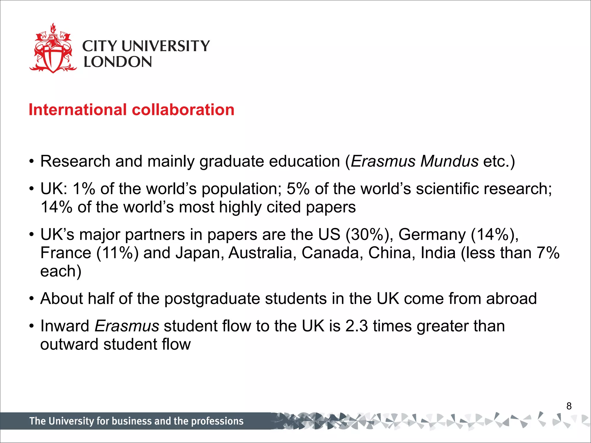 International collaboration Research and mainly graduate education ( Erasmus Mundus  etc.) UK: 1% of the world’s population; 5% of the world’s scientific research; 14% of the world’s most highly cited papers UK’s major partners in papers are the US (30%), Germany (14%), France (11%) and Japan, Australia, Canada, China, India (less than 7% each) About half of the postgraduate students in the UK come from abroad Inward  Erasmus  student flow to the UK is 2.3 times greater than outward student flow 