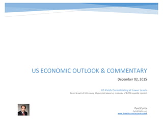 US ECONOMIC OUTLOOK & COMMENTARY
December 02, 2015
Paul Curtis
Curtis914@cs.com
www.linkedin.com/in/paulcurtis4
US Yields Consolidating at Lower Levels
Recent breach of US treasury 10-year yield above key resistance of 2.29% is quickly rejected.
 