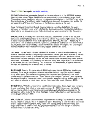 Page 2
The STEEPLE Analysis (Citations required)
PROVIDE at least one observation for each of the seven elements of the STEEPLE analysis
(you can make more). These should be full paragraphs that include explanations and detail.
These observations should also help you to make statements that go in the SWOT chart, below.
Remember to put a “short form” citation in APA format after each observation here and list the
corresponding APA “long-form” reference in the Reference section at the end.
Keep the focus on the division/brand. You may observe something that affects the parent
company or the industry, and which will affect the division/brand, too. It’s okay to include those
observations, but always remember it’s the division/brand you’re working for. Not the parent.
SOCIOLOGICAL: Beats by Dre’s executive producer, Jason White, speaks on the issue of
companies switching to agencies to show diversity without truly addressing the issue. “Diversity
is about bringing in different voices that experience life differently, he says — those living in
urban areas such as street culture kids.” (Sanchez, 2017) Beats by Dre has been an innovative
country because it was created by a black man from the streets of Compton. The unapologetic
realness has been the Beats back when only rappers embrace the brand.
TECHNOLOGICAL: Beats by Dre’s success can be linked to their incredible marketing. The
brand is known for not only quality headphones but also fashion gear. Beats was one of the first
luxury headphones brands to be modeled by only well-known celebrities. “His Beats by Dre
headphones became wildly popular and are often referred to as the best quality sound gear on
the market.” (Facciuolo, 2014) Beats by Dre also has a very wide range of products in their line.
A few include Rapper-Calibrated City Cars, Lush Fur-Clad Headphones, Rapper-Renovated
Laptops, etc. Beats by Dre is not only tech its fashion.
ECONOMIC: Beats by Dre came out with $300 headphones back in 2008 when people were
still using iPods. Many saw this price tag as something that only celebrities and rich people
could afford but as iPhones became more popular the natural want for headphones, good
quality headphones became a must. “Beats’ founders had realized. “earbuds,” were becoming
the standard mode of consuming music… sound quality was often sub-par and certainly not the
way artists, producers, or music lovers wanted their music to be heard. (Sanburn, 2013)
ECOLOGICAL: While I'm unable to find credible information about Beats, Apple as a company
is very vocal about their efforts to be a green company. By 2030, the company plans to be
carbon neutral, which means the carbon emissions that Apple plants have released into the
atmosphere will be met with the efforts that Apple makes the fund carbon saving around the
world. (“Apple charges”, 2021)
POLITICAL: Dr. Dre and Eminem are held responsible for enacting a law that makes it legal to
record policemen on duty. This is in response to police threatening to shut down their concert as
explicit videos were being shown. Many states have been pushing to make recording cops
illegal and worthy of jail time, even though police misconduct has been caught on cameras
multiple times. (“Dr.Dre Beats” 2019)
 