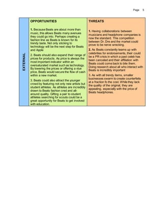 Page 5
EXTERNAL
OPPORTUNITIES
1. Because Beats are about more than
music, this allows Beats many avenues
they could go into. Perhaps creating a
fashion line as Beats is known for its
trendy taste. Not only sticking to
technology will be the next step for Beats
and Apple
2. Beats should also expand their range of
prices for products. As price is always the
most important indicator within an
oversaturated market such as technology.
By lowering the prices or offering a vlue
price, Beats would secure the flow of cash
within a new market.
3. Beats could also attract the younger
crowd by featuring not only new artists but
student athletes. As athletes are incredibly
drawn to Beats fashion cred and all-
around quality. Gifting a pair to student
athletes searching for scouts could be a
great opportunity for Beats to get involved
with education.
THREATS
1. Having collaborations between
musicians and headphone companies is
now the standard. This competition
between Dr. Dre and the market could
prove to be nerve wrecking.
2. As Beats constantly teams up with
celebrities for endorsements, their could
be a PR crisis in which a past celeb has
been canceled and their affiliation with
Beats could come back to bite them.
Doing research about all who interact with
Beats is incredibly important
3. As with all trendy items, smaller
businesses swarm to create counterfeits
at a fraction fo the cost. While they lack
the quality of the original, they are
appealing, especially with the price of
Beats headphones.
 