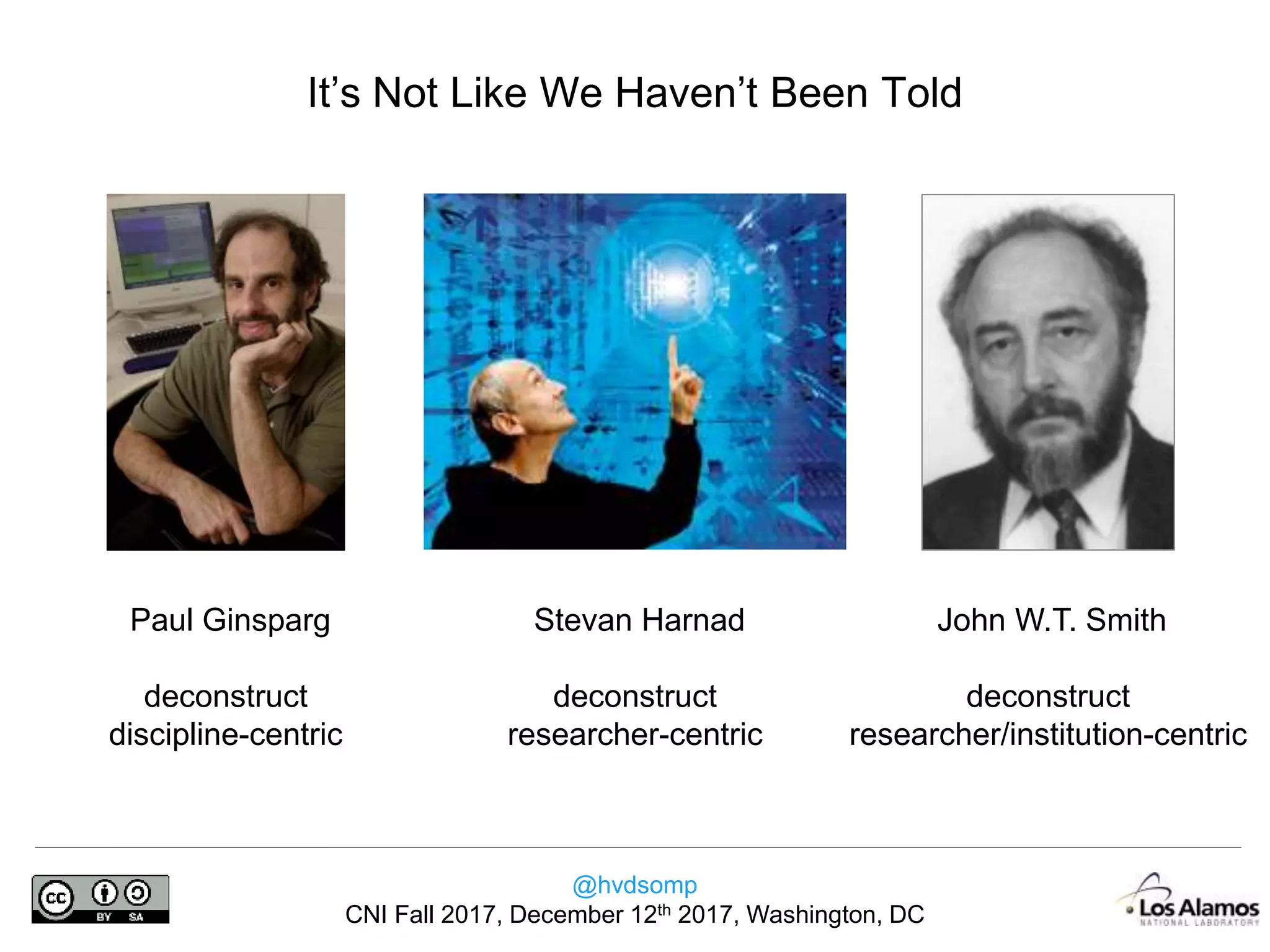 @hvdsomp
CNI Fall 2017, December 12th 2017, Washington, DC
Paul Ginsparg
deconstruct
discipline-centric
Stevan Harnad
deconstruct
researcher-centric
John W.T. Smith
deconstruct
researcher/institution-centric
It’s Not Like We Haven’t Been Told
 