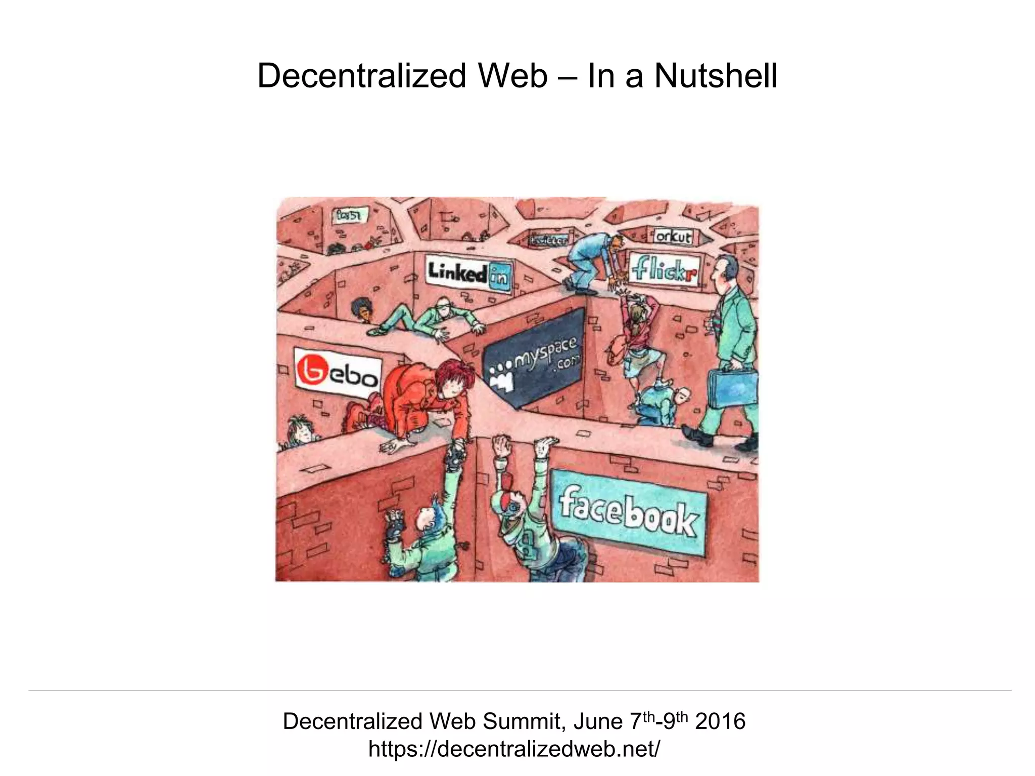 @hvdsomp
CNI Fall 2017, December 12th 2017, Washington, DC
Decentralized Web – In a Nutshell
Decentralized Web Summit, June 7th-9th 2016
https://decentralizedweb.net/
 