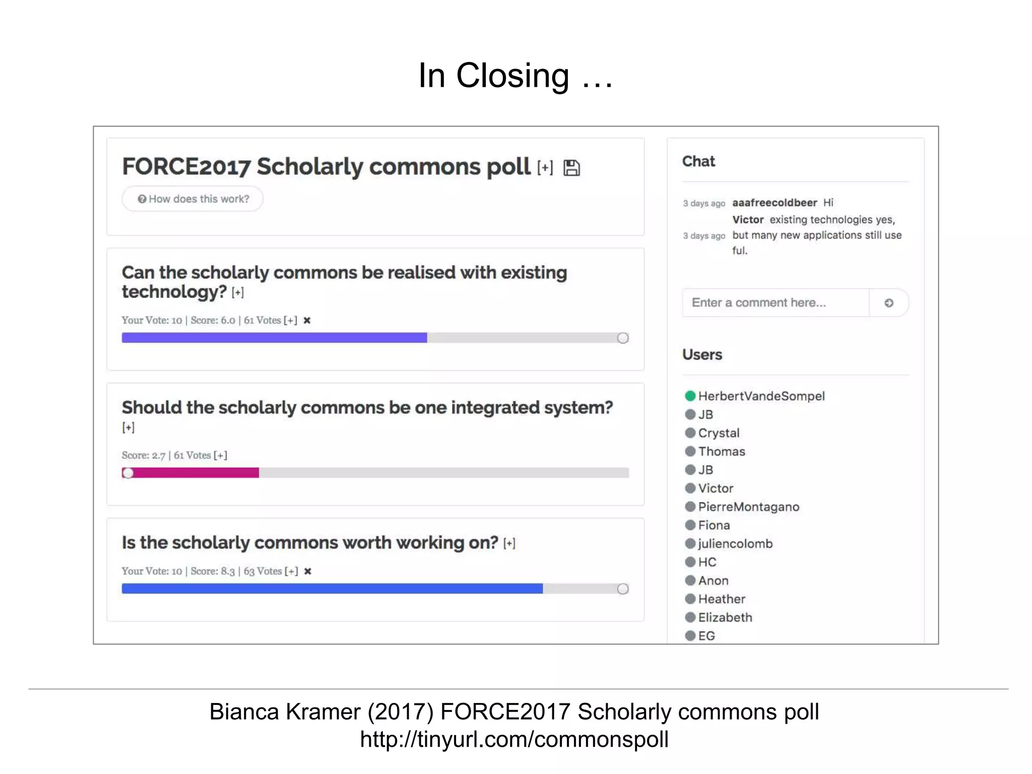 @hvdsomp
CNI Fall 2017, December 12th 2017, Washington, DC
In Closing …
Bianca Kramer (2017) FORCE2017 Scholarly commons poll
http://tinyurl.com/commonspoll
 