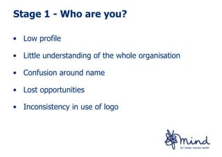 Stage 1 - Who are you?

• Low profile

• Little understanding of the whole organisation

• Confusion around name

• Lost opportunities

• Inconsistency in use of logo
 