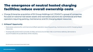 www.anscorporate.com
⮚ Charge Enterprise acquisition of EV Group Holdings LLC (“EVGH”) a group of companies
focused on national real estate assets and real estate solutions for commercial and fleet
operators requiring parking, maintenance and EV charging depot resources.
⮚ EVDepot8 Opportunity
▪ Real estate solutions for commercial and fleet operators requiring parking, maintenance and EV charging depot
resources.
▪ Strategically positioned to provide ancillary services around last mile e-commerce delivery demands to
accommodate the acceleration of the industry
10
The emergence of neutral hosted charging
facilities; reduce overall ownership costs
8https://feeds.issuerdirect.com/news-release.html?newsid=5169607719418624
 