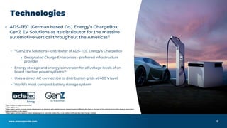 www.anscorporate.com
⮚ ADS-TEC (German based Co.) Energy’s ChargeBox,
GenZ EV Solutions as its distributor for the massive
automotive vertical throughout the Americas11
▪ 12GenZ EV Solutions – distributer of ADS-TEC Energy’s ChargeBox
● Designated Charge Enterprises - preferred infrastructure
provider
▪ Energy storage and energy conversion for all voltage levels of on-
board traction power systems14
▪ Uses a direct AC connection to distribution grids at 400 V level
▪ World’s most compact battery storage system
Technologies
12
11ttps://adstec-energy.com/products/
12https://genz.com/
13https://genz.com/ev-news/ev-press-release/genz-ev-solutions-and-ads-tec-energy-present-battery-buffered-ultra-fast-ev-charger-at-the-national-automobile-dealers-association-
nada-convention-in-las-vegas/
14https://genz.com/ev-news/ev-press-release/genz-ev-solutions-enters-the-u-s-ev-battery-buffered-ultra-fast-charger-market/
 