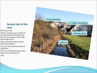 Second side of the river. River very calm. There is no place you can fall into the river but the flood plain but that’s if you jump in or just walk backwards into it. Trees look kind of dead maybe there dead bushes? I can see that mountain made of chalk here. The river is hardly moving at all it looks very contempt and  clear. 1.Trees/bushes 2.Flood plain 3. Chalk mountain 4.River 