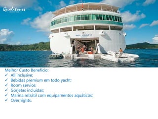 Melhor Custo Benefício:
 All inclusive;
 Bebidas premium em todo yacht;
 Room service;
 Gorjetas incluídas;
 Marina retrátil com equipamentos aquáticos;
 Overnights.
 
