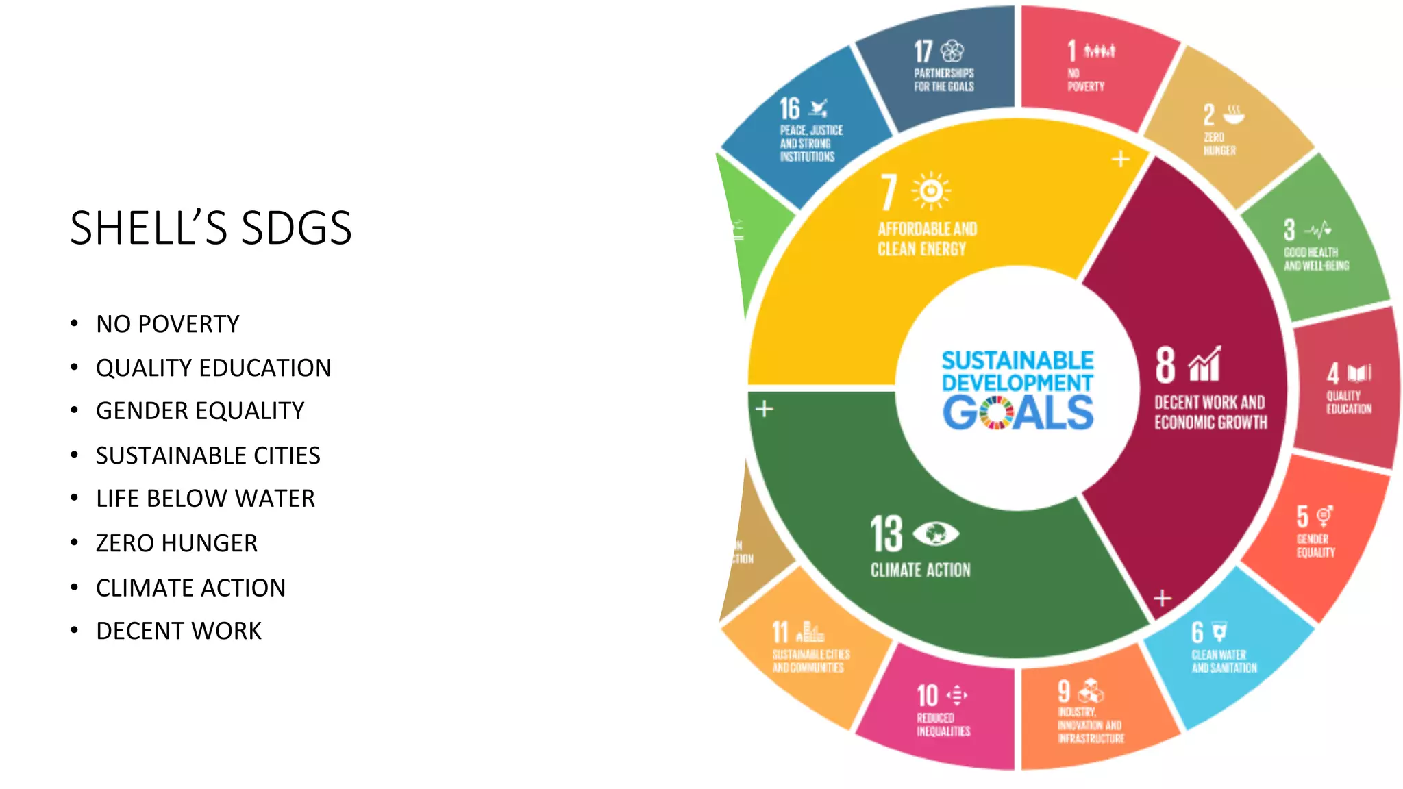 SHELL’S SDGS
•  NO	POVERTY	
•  QUALITY	EDUCATION	
•  GENDER	EQUALITY	
•  SUSTAINABLE	CITIES	
•  LIFE	BELOW	WATER	
•  ZERO	HUNGER	
•  CLIMATE	ACTION	
•  DECENT	WORK	
 