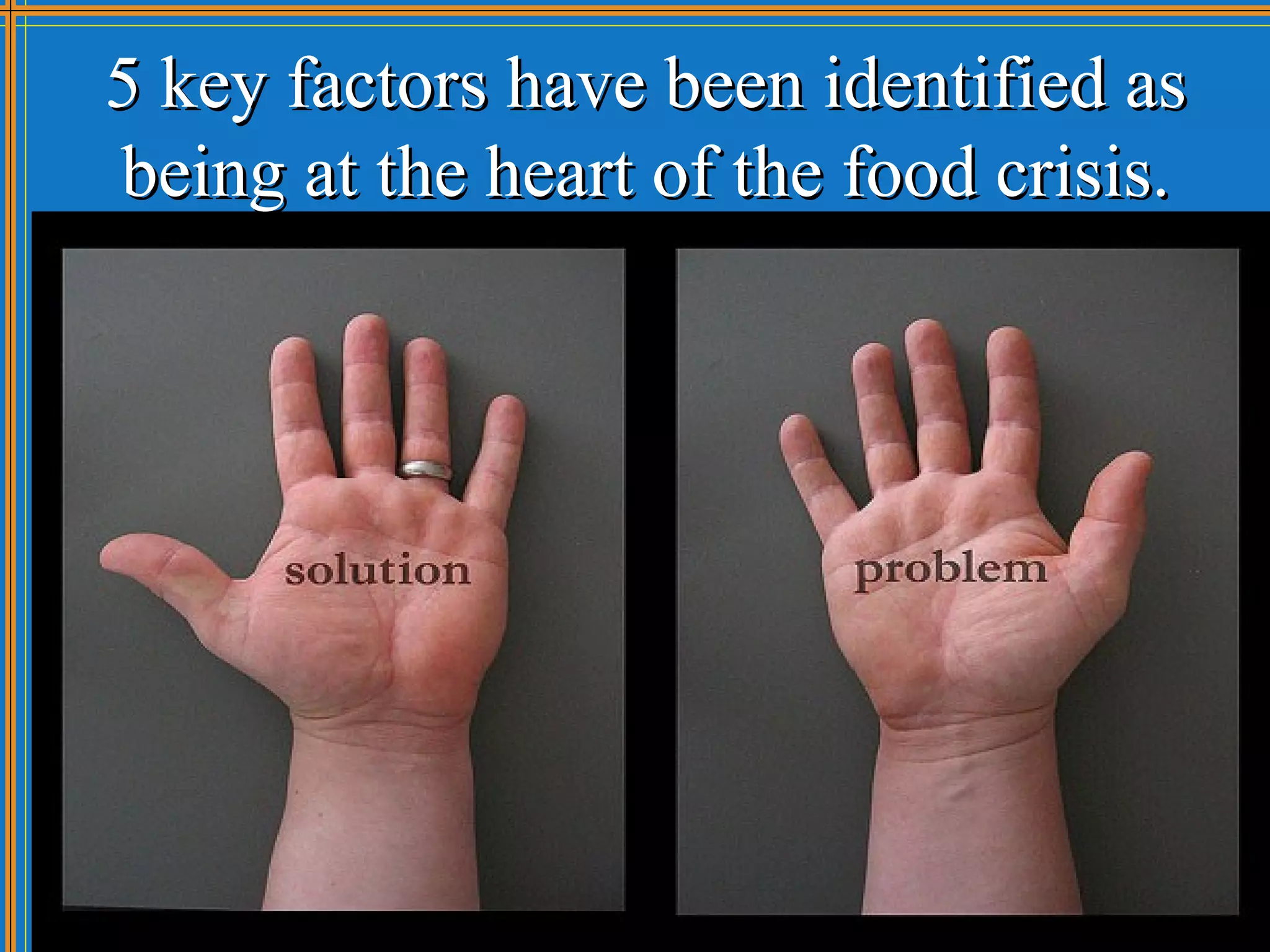 5 key factors have been identified as
being at the heart of the food crisis.
 