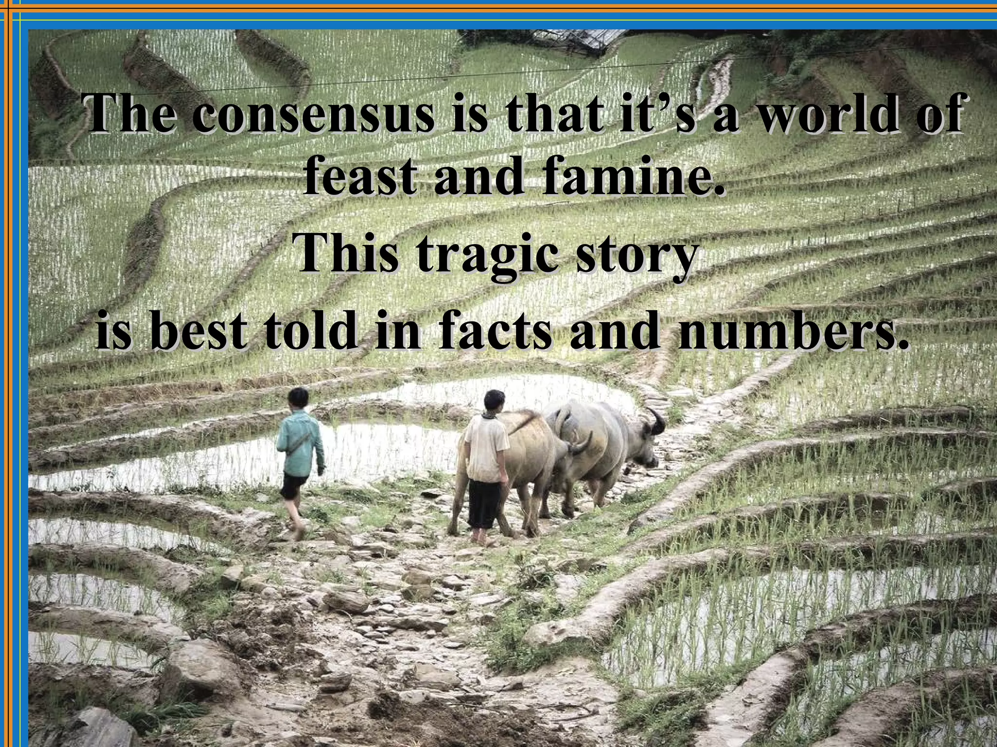 The consensus is that it’s a world of
          feast and famine.
         This tragic story
is best told in facts and numbers.
 