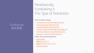 Paradoxically,
Fundraising is
This Type of Distraction
Paul Graham Essay
• A Fundraising Survival Guide (訳: lionfan さん)
• The Equity Equation (訳: lionfan さん)
• How to Raise Money (訳: Gengo さん)
• The New Funding Landscape (訳: Hiro Senaga さん)
• The Future of Startup Funding (訳: lionfan さん)
• Startups in 13 Sentences (訳: lionfan さん)
Other Recommendations
• Venture Deals
• 起業のファイナンス
• 起業のエクイティファイナンス
• Startup Innovators
28
Fundraising
資金調達
 