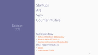Startups
Are
Very
Counterintuitive
Paul Graham Essay
• Startups in 13 Sentences (訳: lionfan さん)
• Before the Startup (訳: Shiro さん)
• Good and Bad Procrastination (訳: lionfan さん)
Other Recommendations
• Decisive
• How to Manage (CS183B)
35
Decision
決定
 