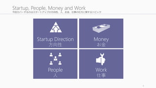 今回カバーするのはスタートアップの方向性、人、お金、仕事の仕方に関するトピック
6
Startup, People, Money and Work
Startup Direction
方向性
People
人
Money
お金
Work
仕事
 